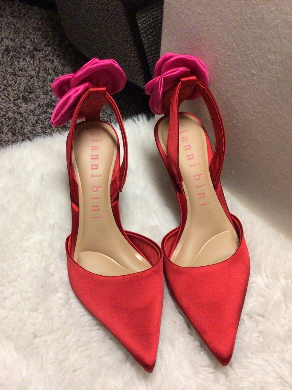 Gianni Bini Red Satin Pointed-Toe Heels with Pink Floral Ankle Accent